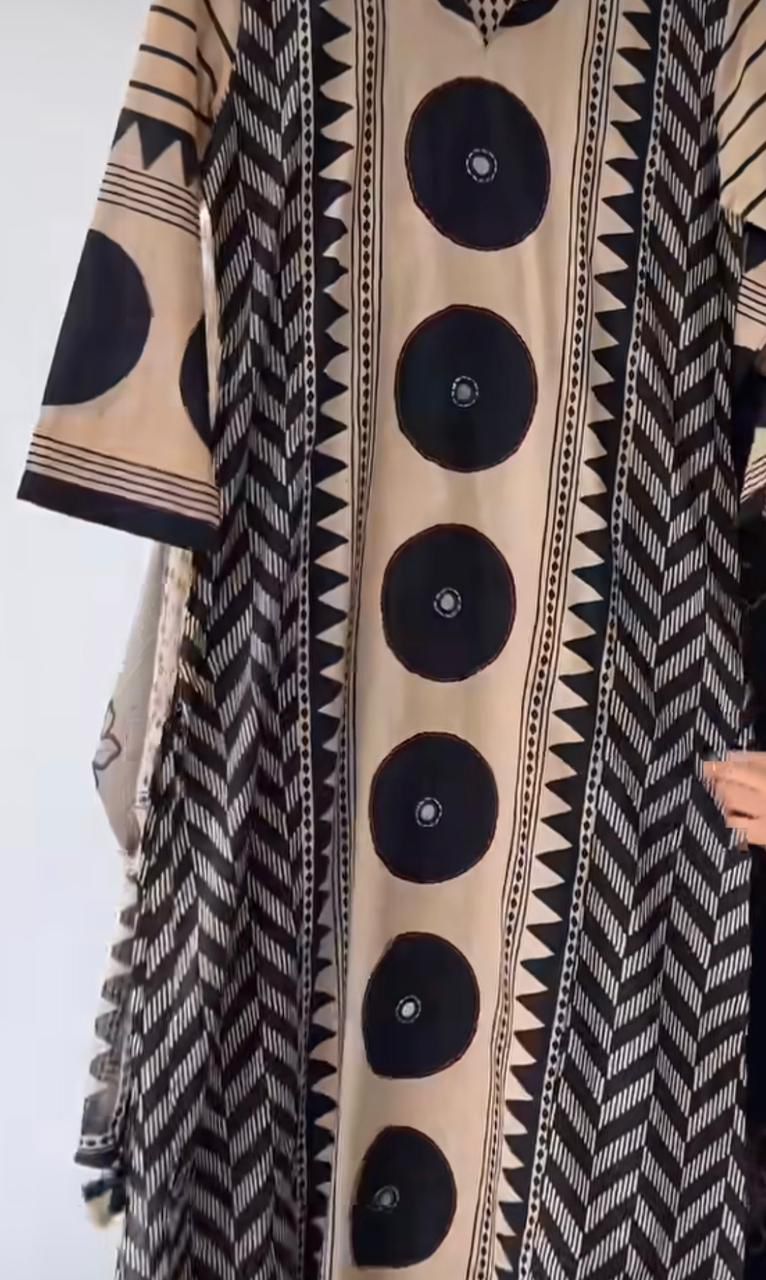 Designer Beige and Black Printed Ethnic Suit Set with Dupatta