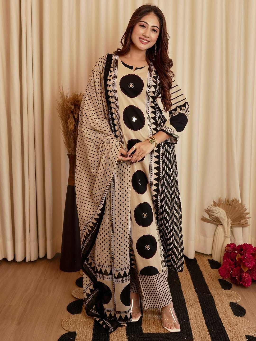 Designer Beige and Black Printed Ethnic Suit Set with Dupatta