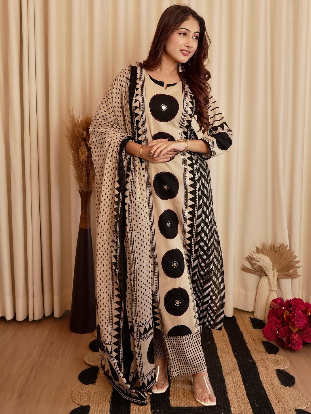 Designer Beige and Black Printed Ethnic Suit Set with Dupatta