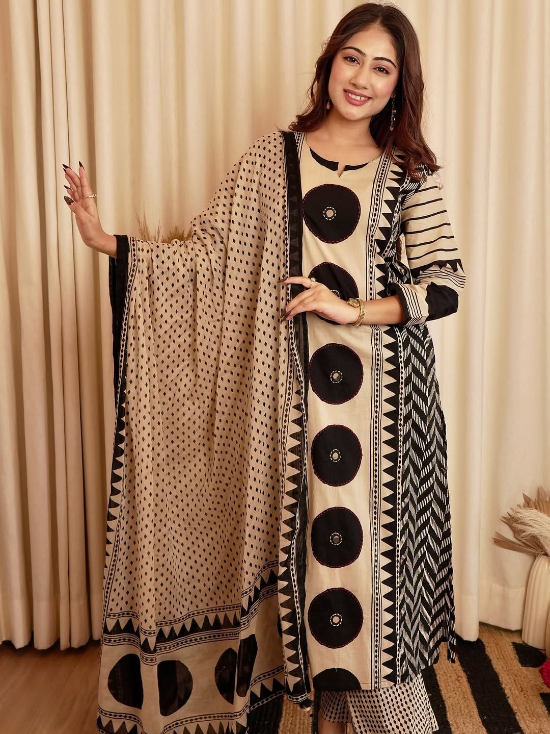 Designer Beige and Black Printed Ethnic Suit Set with Dupatta