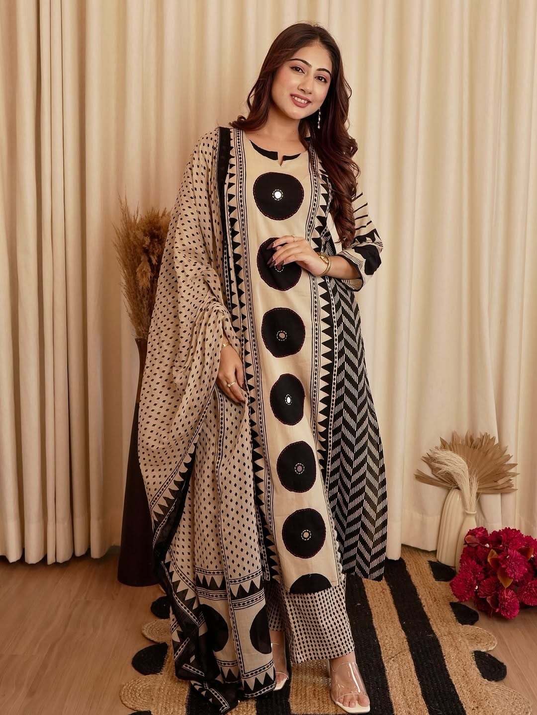 Designer Beige and Black Printed Ethnic Suit Set with Dupatta